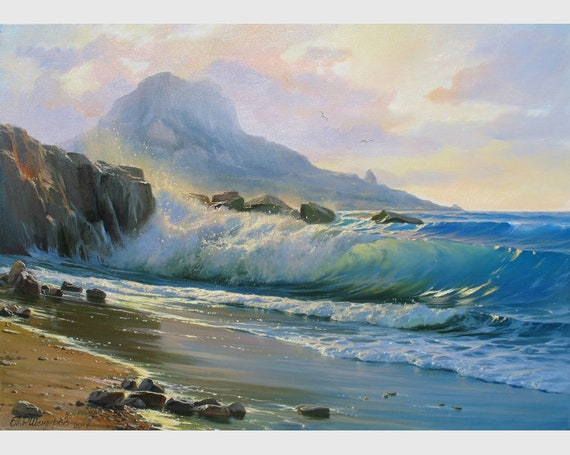Original Seascape Oil Painting: Coastal Wave Art by Alexander