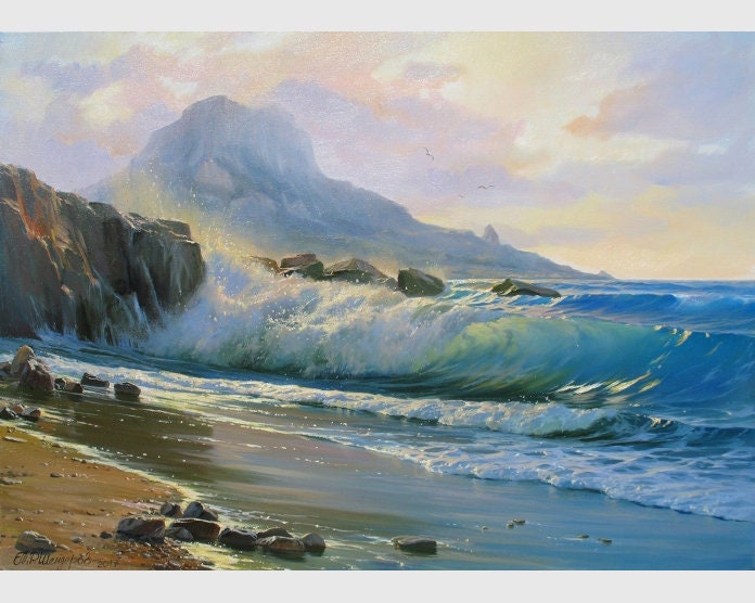Original Seascape Oil Painting: Coastal Wave Art by Alexander