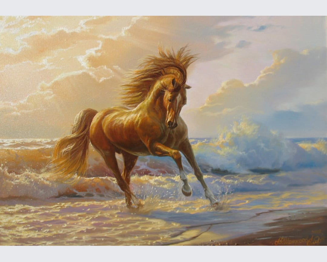 HORSE 油絵アート Running Horse Seascape Painting: Original Oil Canvas Art by