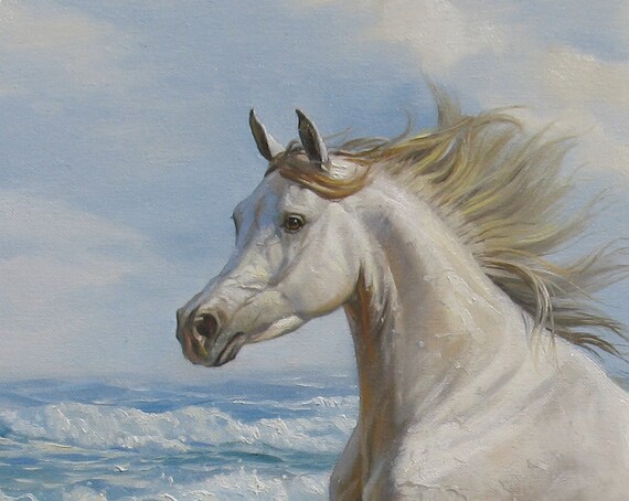 Arabian Horse Oil Painting: Original Seascape Canvas Art by