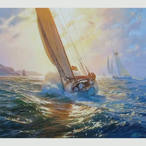 Original Sailboat Oil Painting on Canvas: Seascape Sailing Art by Alexander Shenderov