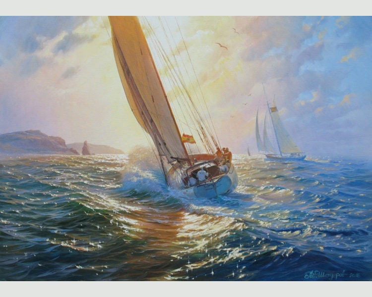 Sailboat Painting Canvas by Alexander Shenderov Ocean Art Original Oil