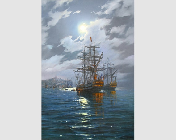 Original Night Sailing Ship Painting: Dark Seascape, Moonlit Ocean
