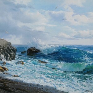 Meereslandschaft Gemälde von Alexander Shenderov Original Ölgemälde auf Leinwand Strand Gemälde großes Ölgemälde Ozean Kunst Landschaft Kunst