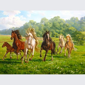 Groot landschap met paarden olieverf doek origineel door Alexander Shenderov Lopende paarden die lopende paarden kunst canvas dierlijke kunst schilderen