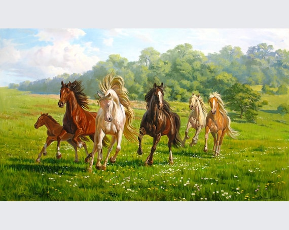【60％OFF】 Large Landscape With Horses Oil Painting Canvas Original by 絵画