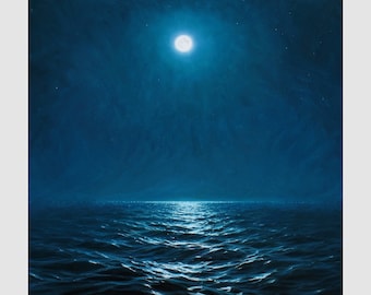 Night sea painting original by Alexander Shenderov moon oil painting canvas moonlight painting large night seascape painting blue wall art