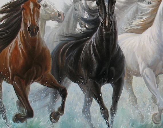 Running Horses in the Water Oil Painting Large by Alexander