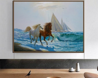 アレクサンダー・シェンデロフ作「海の波間を走る馬」オリジナル油絵