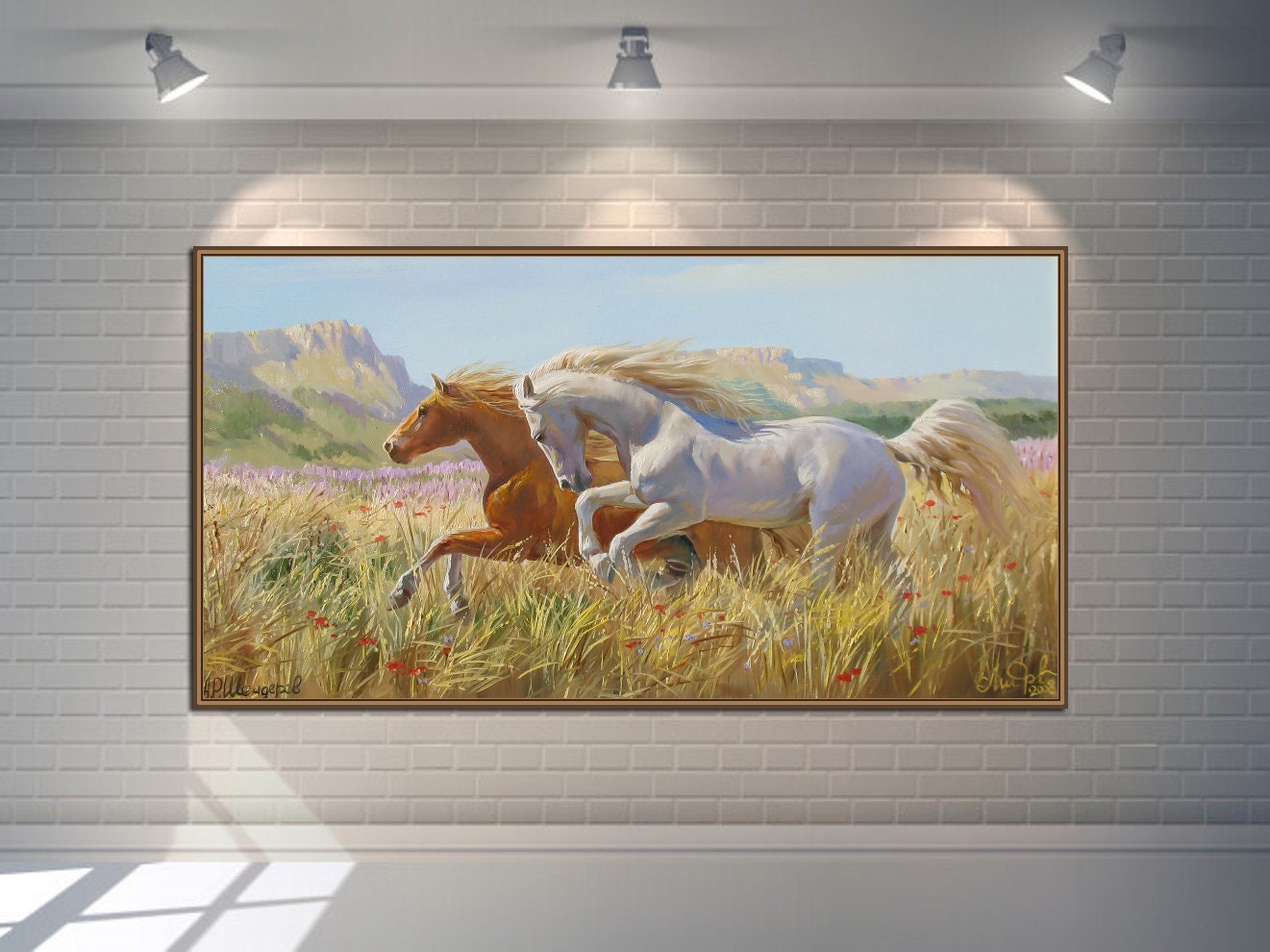 走る馬の絵画：アレクサンダー・シェンデロフによるオリジナルの油絵