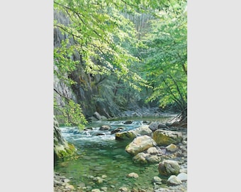 Mountain River Oil Painting: Large Green Landscape Art on Canvas by Alexander Shenderov