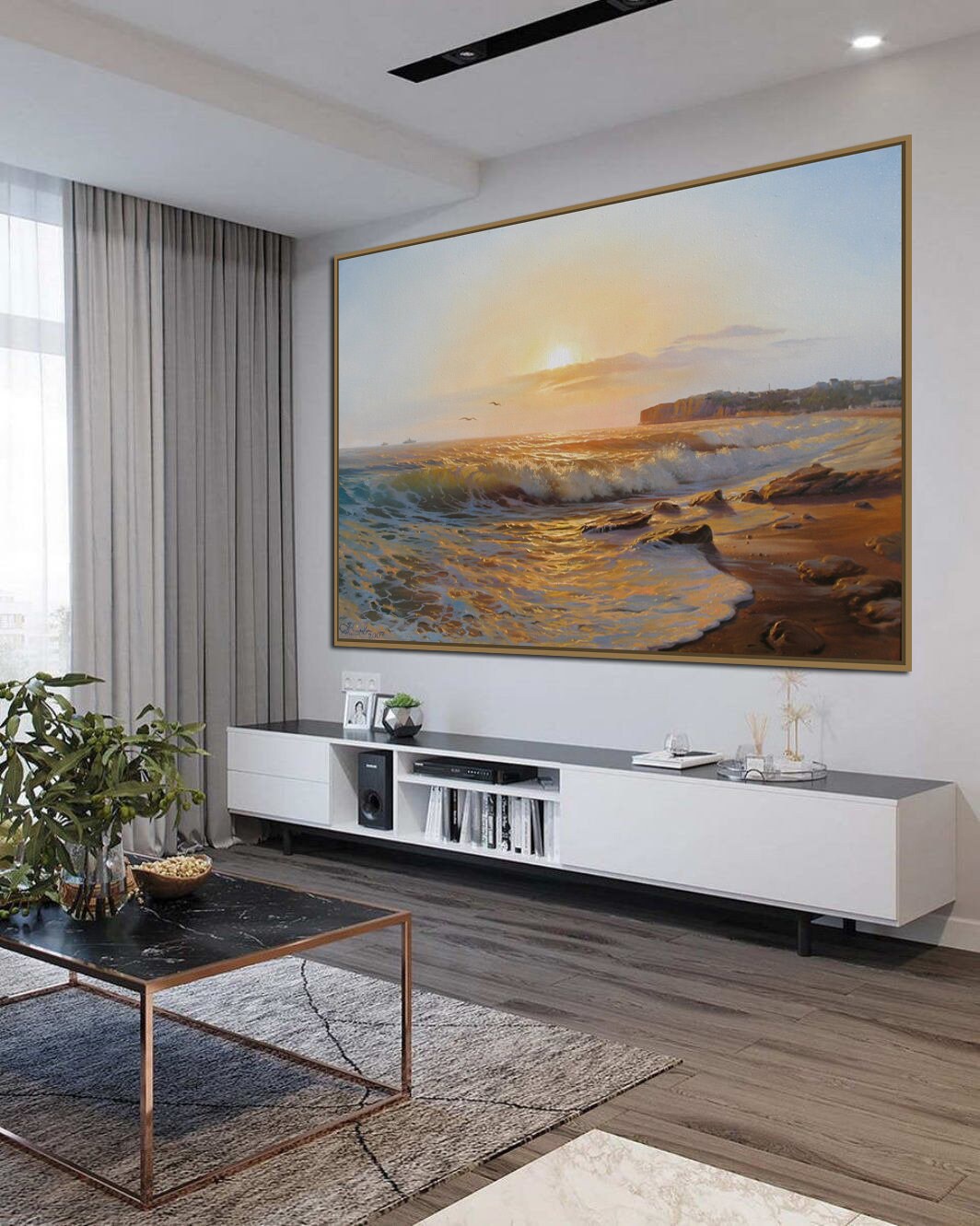 Original Sunset Seascape Oil Painting on Canvas by Alexander