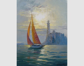夕焼けのヨットの絵画：印象派の海景油彩 - Etsy 日本