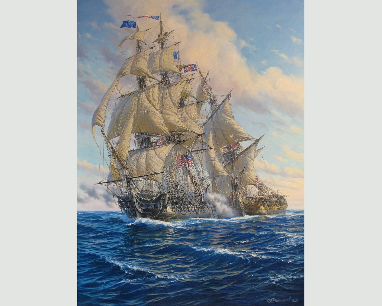 USS Constitution vs HMS Guerriere: Original Oil Painting, Seascape Art by Alexander Shenderov