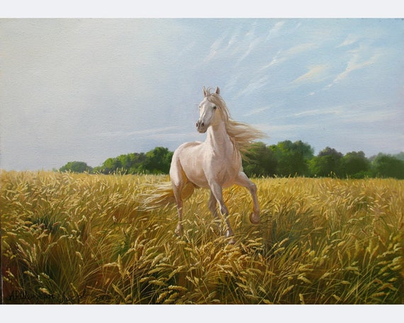 キャンバスに描かれたオリジナルの白い馬の油絵：アレクサンダー