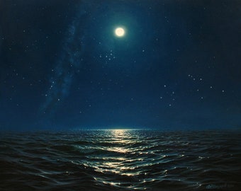 夜の海の油絵：アレクサンダー・シェンデロフによるキャンバスに描かれ