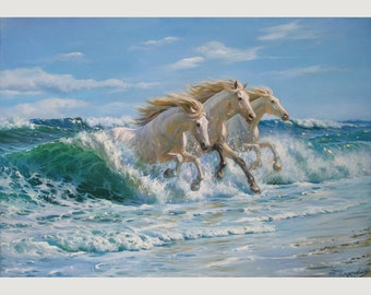 海の波の中を走る馬 アレクサンダー・シェンデロフ作 油絵 馬の