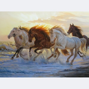 Lopende paarden die canvas groot origineel schilderen door Alexander Shenderov Lopende paarden kunstoliecanen lopende paarden in het oceaan schilderen