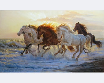 Caballos corriendo pintura lienzo grande original de Alexander Shenderov Caballos de arte lienzo al óleo corriendo caballos en la pintura del océano