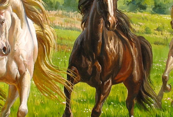Large Landscape With Horses Oil Painting Canvas Original by