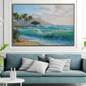 Puede incluir: Una pintura de una escena de playa tropical con palmeras, agua azul y una monta&ntilde;a en la distancia.