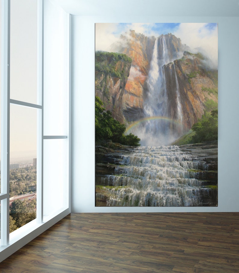 May include: A painting of a large waterfall cascading down a rocky cliff face. A rainbow arches over the waterfall, which is surrounded by lush green foliage.