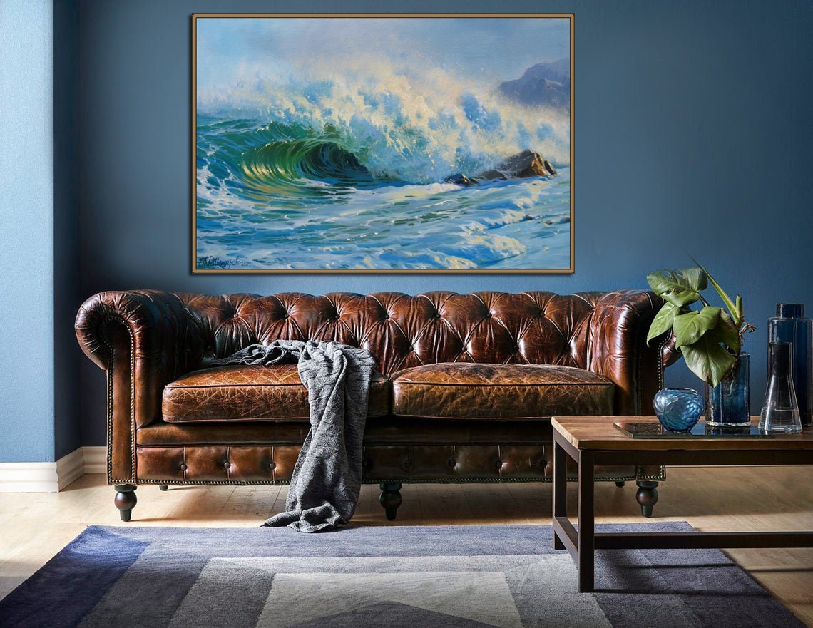 Original Seascape Oil Painting: Blue Ocean Wave Art by Alexander