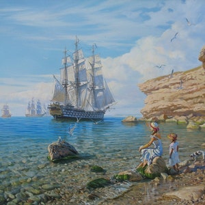 Sailing ship oil painting by Alexander Shenderov ocean art original oil painting canvas frigate oil painting seascape painting beach art