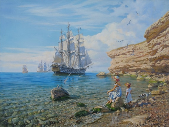 Frigate Seascape Oil Painting: Original Ocean Art on Canvas by