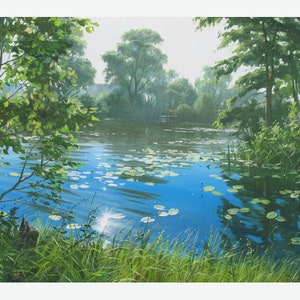 River painting oil canvas original by Alexander Shenderov green painting green blue landscape art canvas large landscape painting realistic