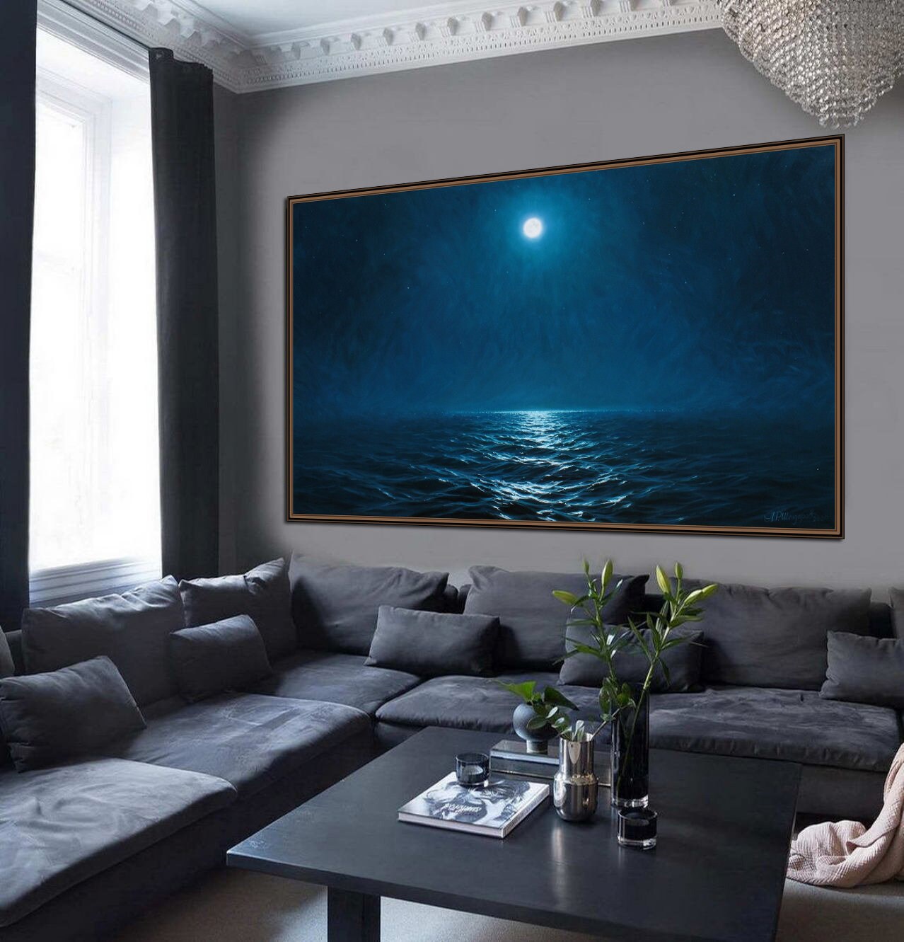 油絵、月海夜 夜の海の絵画 アレクサンダー・シェンデロフによるオリジナル 月