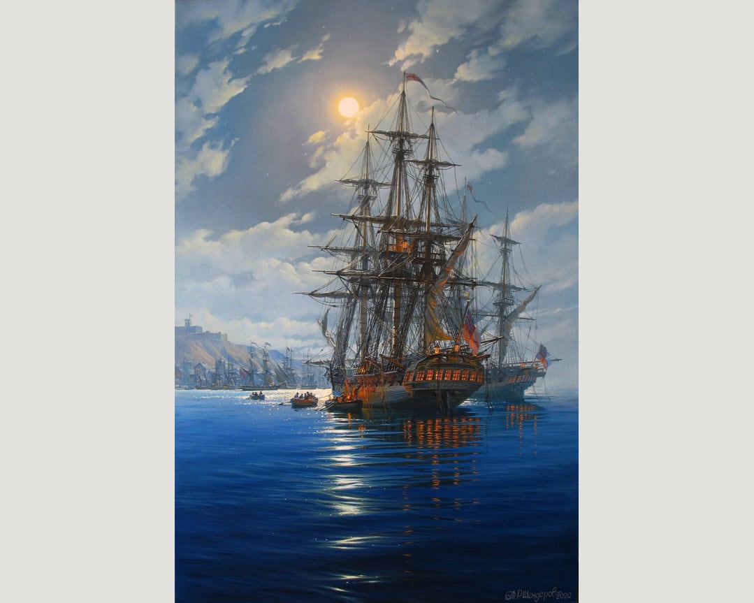Night seascape by Alexander Shenderov original oil painting canvas sailboat art sailing ship painting night ocean art large sea painting