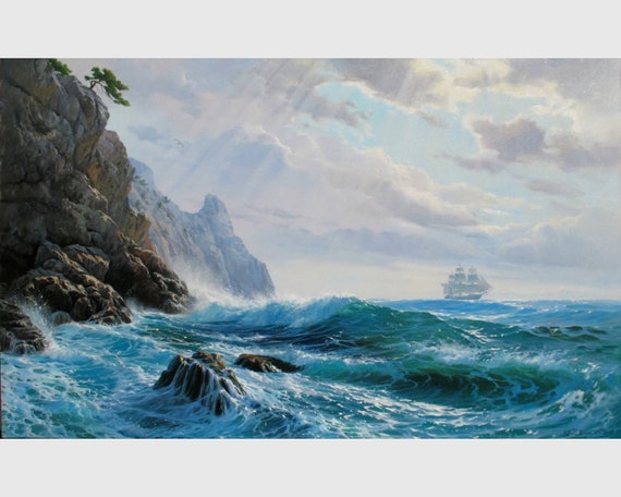 絵画、キャンバスに油絵、海