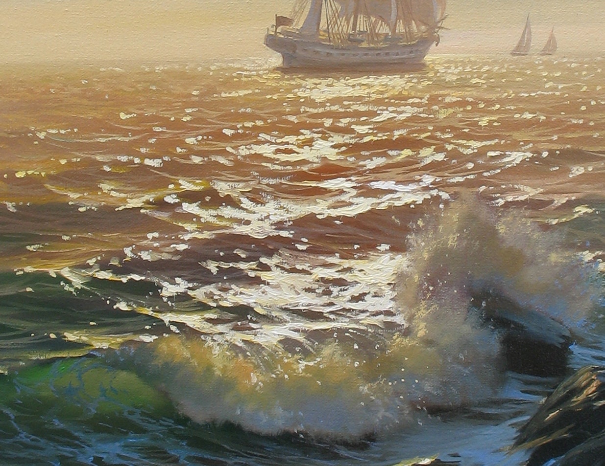 帆船の油絵：アレクサンダー・シェンデロフによるキャンバスの海景画