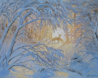 Dipinto ad olio "Mattina innevata": paesaggio invernale nella foresta con cervi di Alexander Shenderov