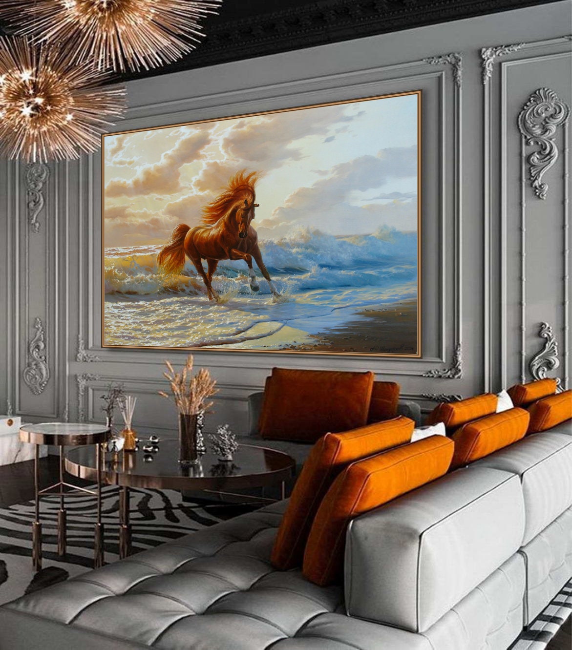 アレクサンダー・シェンデロフによるオリジナルの走る馬の油絵：海景