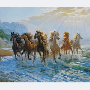 De paarden die in de overzeese golven olieverfschilderij groot door alexander Shenderov paard lopen dat grote lopende paarden kunst canvas oceaan het schilderen schildert