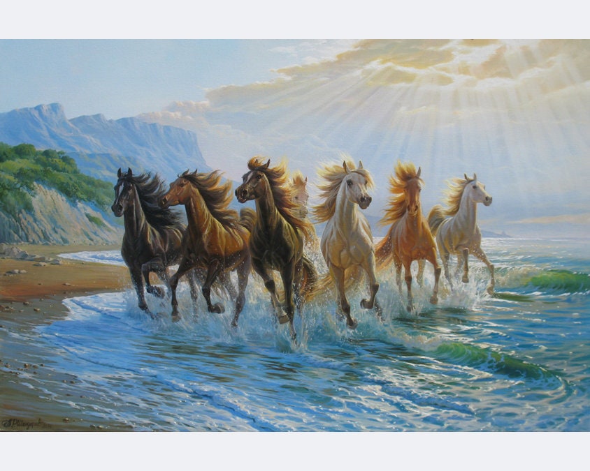 海の波の中を走る馬 アレクサンダー・シェンデロフ作 油絵 馬の 海の波の中を走る馬 アレクサンダー・シェンデロフ作 油絵 馬の
