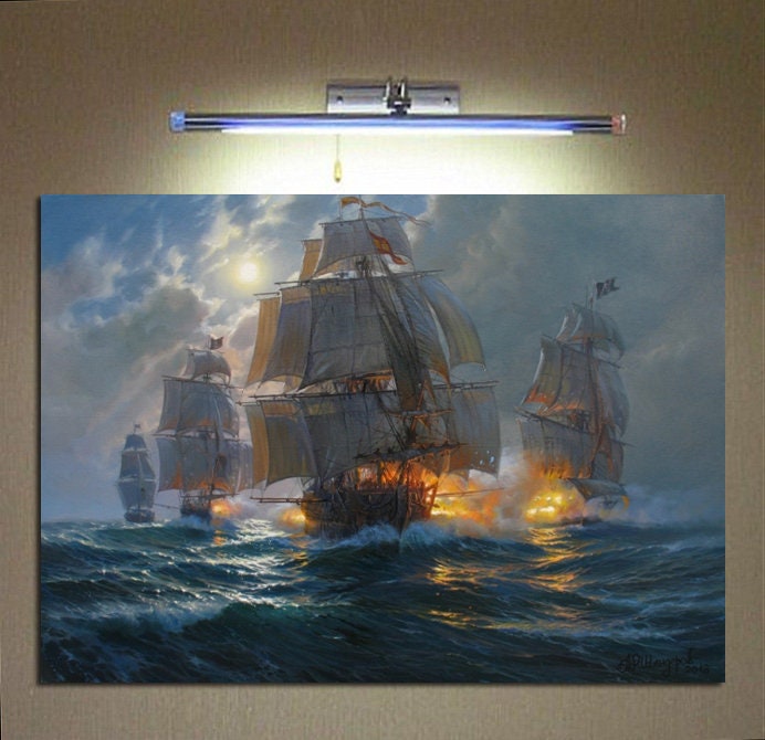 夜の船の戦いの絵画：アレクサンダー・シェンデロフによるキャンバスに