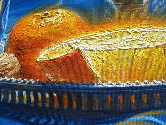 Original Still Life Oil Painting: Blue Orange Fruits Art by