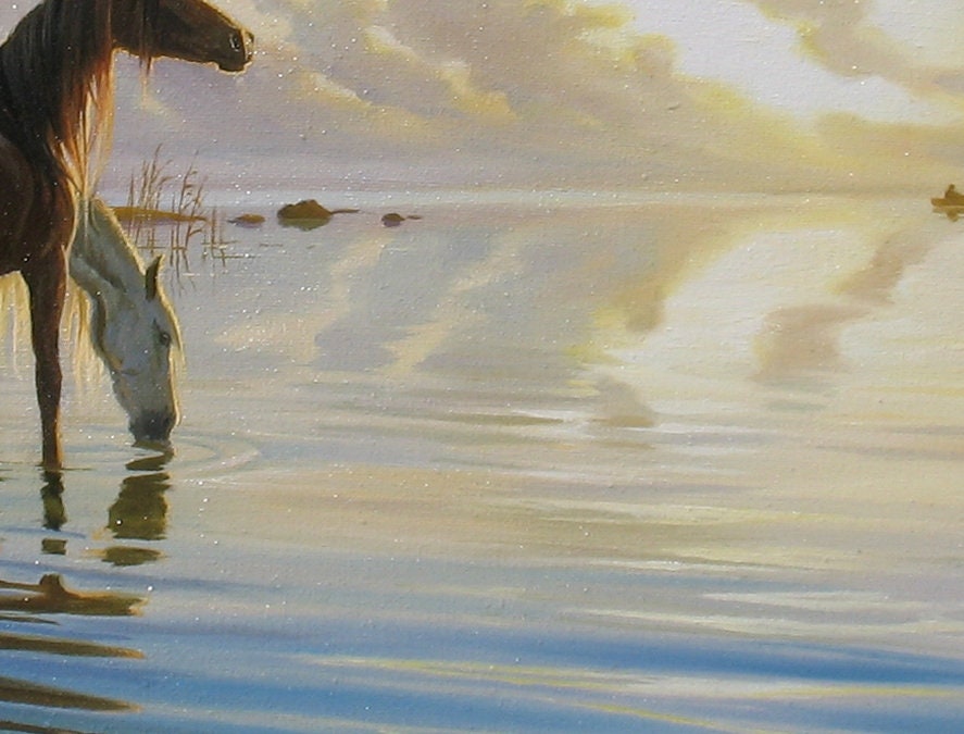 油絵　馬と人と風景画　モーニング 油絵 馬と人と風景画 モーニング