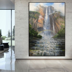 May include: A painting of a waterfall cascading down a rocky cliff face. The water is white and foamy, and a rainbow is visible in the mist. The background is a lush green forest.