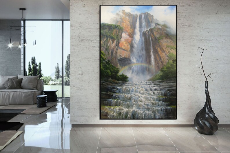 May include: A painting of a waterfall cascading down a rocky cliff face. The water is white and foamy, and a rainbow is visible in the mist. The background is a lush green forest.