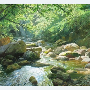 May include: A painting of a stream flowing through a lush green forest. The water is clear and sparkling, and the rocks are covered in moss. Sunlight filters through the trees, creating a dappled effect on the ground.