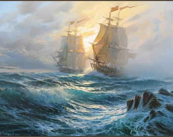 フリゲート艦の海景油絵：アレクサンダー・シェンデロフによる