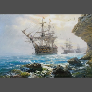 Original Seascape Oil Painting: Large Sail Boat Art by Alexander Shenderov