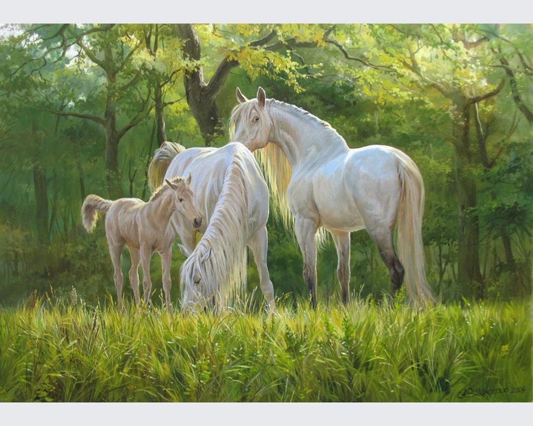 White Horses Painting Oil Canvas Original by Alexander Shenderov Horses