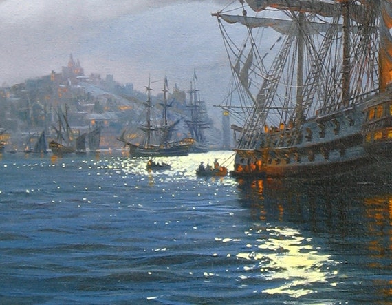 Original Night Sailing Ship Painting: Dark Seascape, Moonlit Ocean