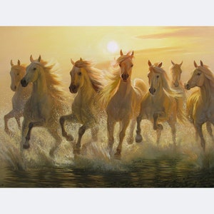 Lopende paarden kunst doek groot origineel door Alexander Shenderov paard schilderen grote olie doek lopende paarden in water schilderij zonsopgang kunst