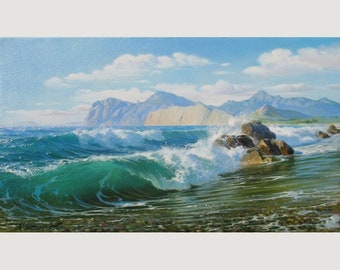 Original Seascape Oil Painting on Canvas: Coastal Wave Art by Alexander Shenderov